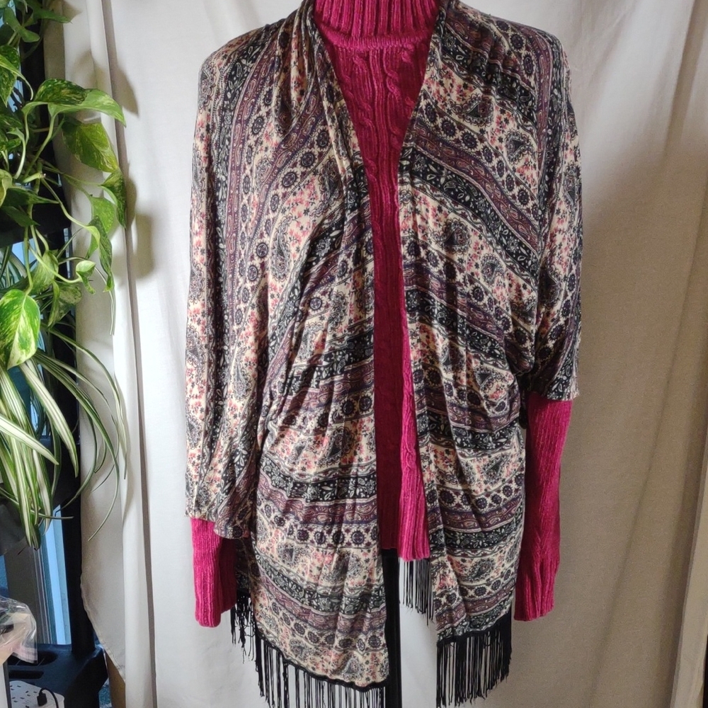 Mauve Multicolor Patterned Fringe Poncho With Armholes - Size L